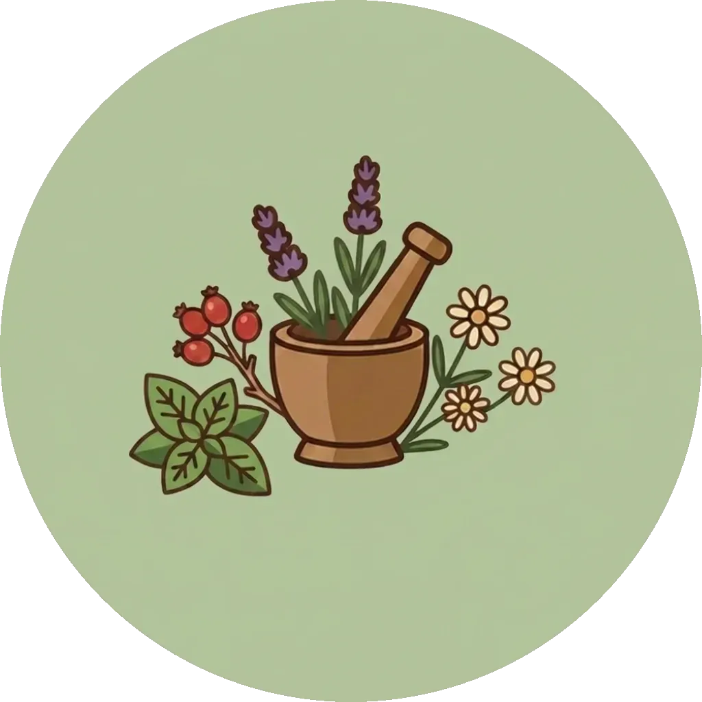Illustration of a mortar, pestle and herbs, representing medicine