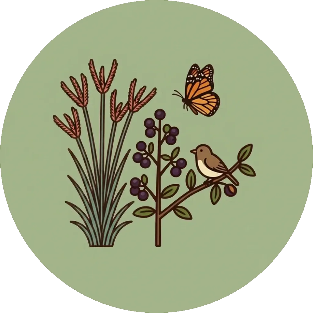 Illustration of plants and a songbird, representing habitat